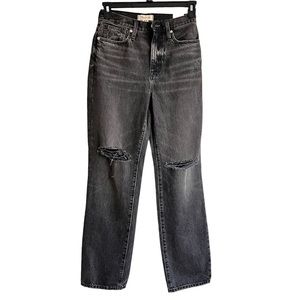 NWT Madewell Baggy Straight Jeans Black Wash Distressed Knees Size W24